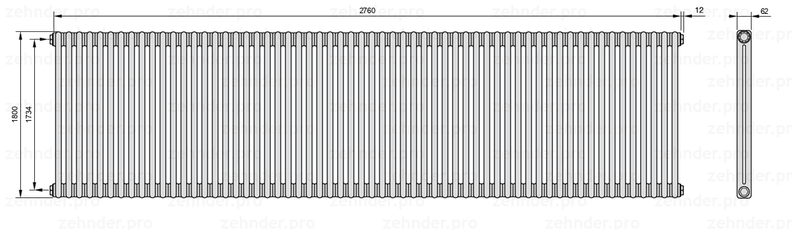 Схема (чертеж) Радиатор Zehnder Charleston 2180/60 №1270 Technoline TL